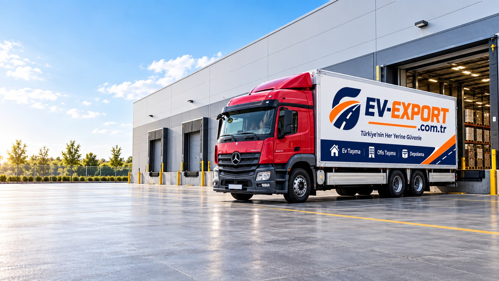 EV-EXPORT logolu kamyonun depo önündeki tanıtım görseli