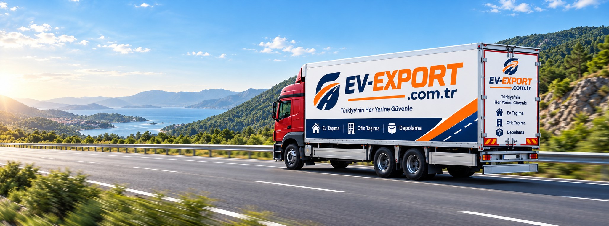 EV-EXPORT logolu nakliye kamyonunun kıyı yolundaki tanıtım görseli